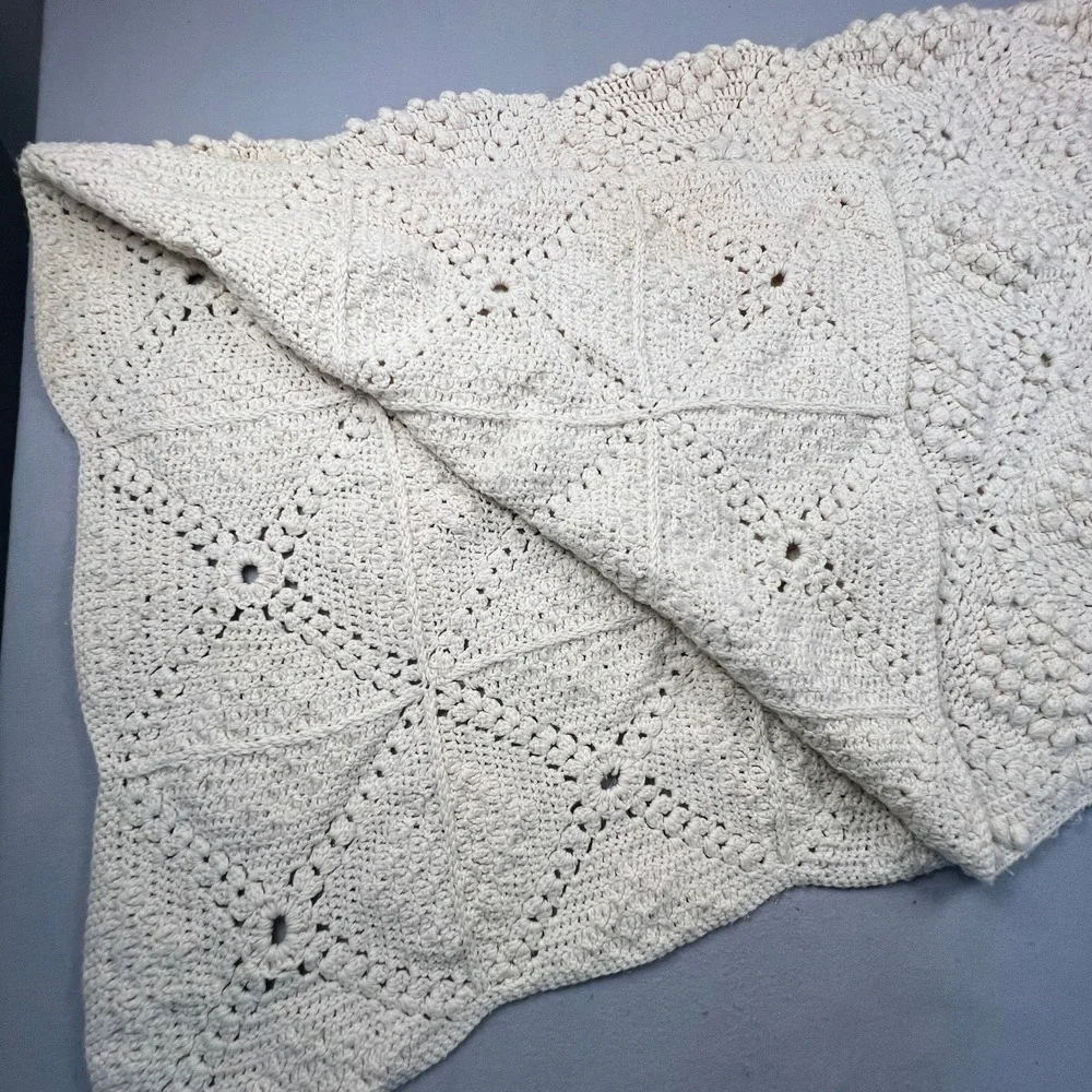 Handmade Crochet Popcorn Stitch Afghan Blanket 72x58 Cream Boho Farmhouse VTG